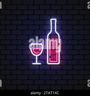 Icona al neon del vino rosso in stile vintage su sfondo chiaro. Illustrazione Vettoriale