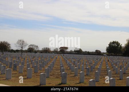 San Antonio, Stati Uniti. 1 dicembre 2023. Vista dei terreni del cimitero al Fort Sam Houston National Cemetery a San Antonio, Texas, USA, il 1° dicembre 2023. Attualmente il cimitero ha 338 acri di cui 200 sono stati sviluppati. Il Fort Sam Houston National Cemetery ha il potenziale di rimanere aperto per decenni. (Foto di Carlos Kosienski/Sipa USA) credito: SIPA USA/Alamy Live News Foto Stock