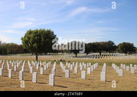 San Antonio, Stati Uniti. 1 dicembre 2023. Vista dei terreni del cimitero al Fort Sam Houston National Cemetery a San Antonio, Texas, USA, il 1° dicembre 2023. Attualmente il cimitero ha 338 acri di cui 200 sono stati sviluppati. Il Fort Sam Houston National Cemetery ha il potenziale di rimanere aperto per decenni. (Foto di Carlos Kosienski/Sipa USA) credito: SIPA USA/Alamy Live News Foto Stock