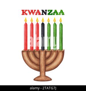 Kinara, sette candele in fiamme, rosso nero verde. Text Kwanzaa, vacanze afro-americane. Illustrazione ad acquerello disegnata a mano sfondo isolato. Progettazione Foto Stock