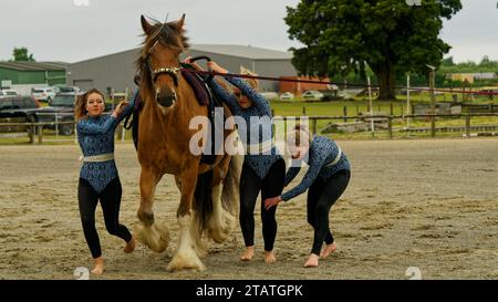 Marchwood Park, Motueka, Tasman District, Aotearoa / nuova Zelanda – 2 dicembre 2023: Acrobatico troupe Circus Act che monta un cavallo in movimento al Motuek Foto Stock