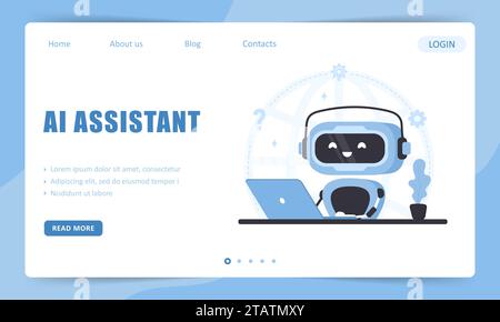 Assistente AI. Modello di landing page. Servizio chatbot. Assistenza clienti online e domande frequenti. Intelligenza artificiale. Illustrazione vettoriale in cartone animato piatto Illustrazione Vettoriale