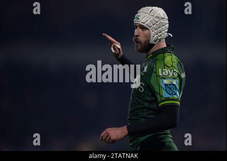 Galway, Irlanda. 3 dicembre 2023. Mack Hansen di Connacht durante lo United Rugby Championship Round 7 match tra Connacht Rugby e Leinster Rugby allo Sportsground di Galway, Irlanda, il 2 dicembre 2023 (foto di Andrew SURMA/ Credit: SIPA USA/Alamy Live News Foto Stock