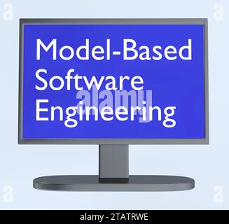Illustrazione 3D dello schermo di un PC con il testo Model-Based software Engineering. Foto Stock