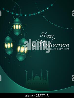 Happy Muharram Design Concept con Lanterne eleganti per biglietti d'auguri, poster o banner Illustrazione Vettoriale