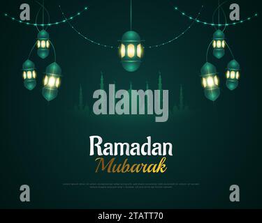 Sfondo Ramadan Kareem con sagoma della moschea e dell'elegante Lanterna. Biglietto d'auguri o di invito Ramadan Mubarak Illustrazione Vettoriale