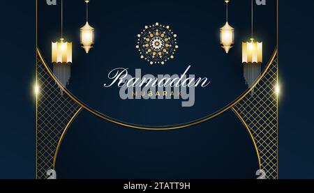 Lussuoso sfondo Ramadan Kareem con lanterne arabe dorate e Mandala su sfondo blu e oro Illustrazione Vettoriale