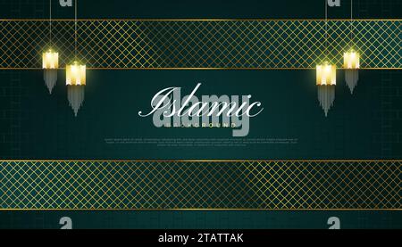 Sfondo islamico con lanterne arabe dorate e motivo astratto su sfondo verde elegante Illustrazione Vettoriale