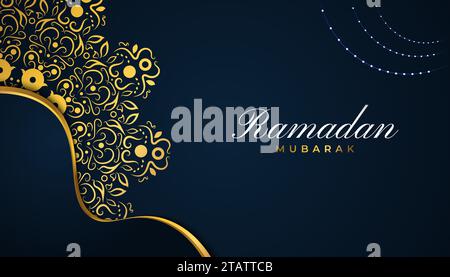 Biglietto d'auguri o striscione Ramadan Mubarak con Mandala dorato su sfondo blu Illustrazione Vettoriale