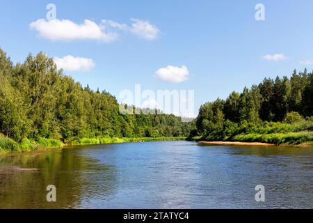 Fiume Gauja panoramico, splendido fiume circondato da lussureggianti foreste nel parco nazionale di gauja, Sigulda, Lettonia Foto Stock