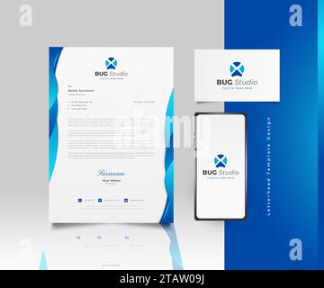 Design moderno del modello per carta intestata Business in sfumatura blu con logo, biglietto da visita e smartphone Illustrazione Vettoriale