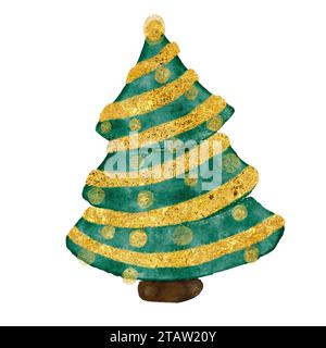 Albero di Natale ad acquerello con decorazioni dorate isolate su bianco Foto Stock