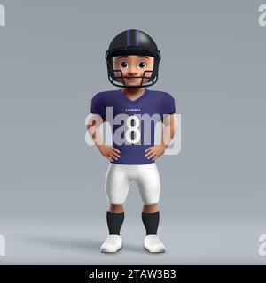 Cartoni animati in 3d, giovane giocatore di football americano in uniforme dei Baltimore Ravens. Maglia della squadra di calcio Illustrazione Vettoriale