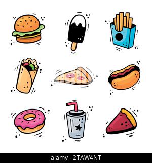 Set di icone fast food: Hamburger, patatine fritte, tazza di carta con bevanda, gelato, pizza, torta, hot dog, kebab, ciambella. Schizzo di spuntini. Fast food. Collezione di fast food. Cibo di strada colorato. Illustrazione Vettoriale