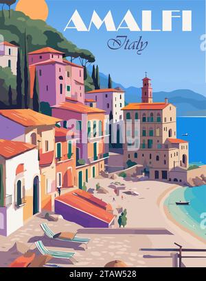 Poster d'arte vettoriale per viaggi in Costiera Amalfitana Italia. Illustrazione Vettoriale