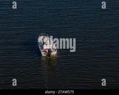 Una vista aerea di un uomo su una piccola barca con il suo cane in un lago in una giornata di sole Foto Stock