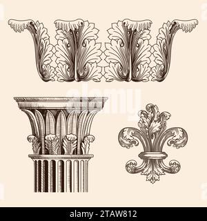 Antico ornamento greco di foglie di acanto e capitale della colonna in stile corinzio. Classico ornamento antico. Illustrazione Vettoriale