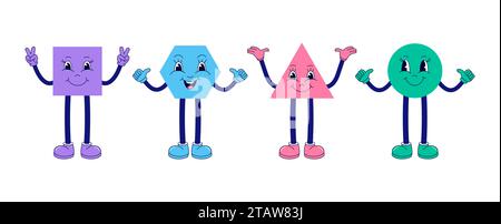 Forme geometriche in un divertente stile cartoni animati. Semplice e carino. Quadrato, poligono, cerchio, triangolo con facce felici. Contenuti educativi per bambini. Illustrazione Vettoriale