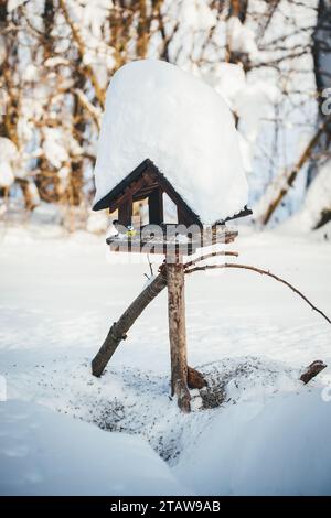 Dare da mangiare agli uccelli in inverno / tavolo per uccelli Foto Stock