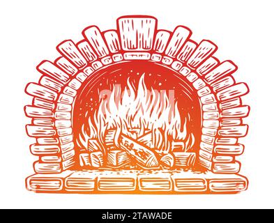 Il caminetto brucia con legno, illustrazione vettoriale. Casa calda e accogliente, il periodo natalizio Illustrazione Vettoriale