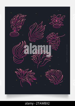 Collezione di ornamenti di fiori rosa, adatti per decorazioni murali, carta da parati, copertina, invito, banner, brochure, poster, confezione o scheda Illustrazione Vettoriale
