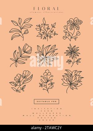Collezione di illustrazioni minimaliste di fiori in stile Art Line, può essere utilizzata per stampe, decorazioni per la casa, poster a parete, inviti e altro ancora Illustrazione Vettoriale