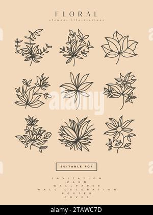 Collezione di illustrazioni minimaliste di fiori in stile Art Line, può essere utilizzata per stampe, decorazioni per la casa, poster a parete, inviti e altro ancora Illustrazione Vettoriale