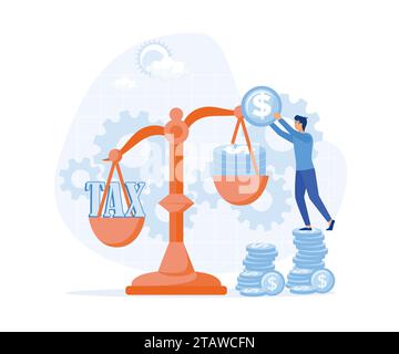 Onere FISCALE. Concetto di business, l'uomo d'affari usa monete bilanciate con TASSE su scala, illustrazione moderna a vettore piatto Illustrazione Vettoriale