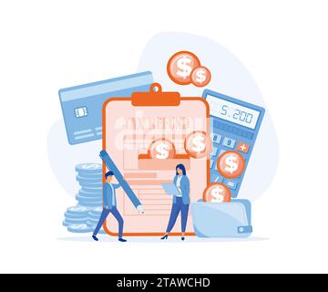 Ottimizzazione fiscale, detrazione e rimborso. caratteri che effettuano il rimborso fiscale. Concetto di contabilità, pagamento, bolletta finanziaria, illustrazione moderna a vettore piatto Illustrazione Vettoriale