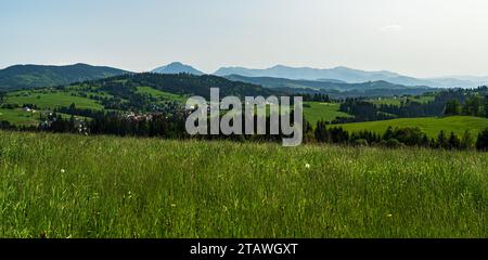 Oravska Lesna villaggio con i monti Mala Fatra sullo sfondo in Slovacchia durante una splendida giornata primaverile con cielo limpido Foto Stock