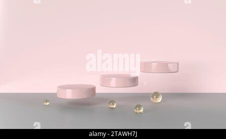 Set di podi galleggianti 3d rosa con palline di vetro Foto Stock