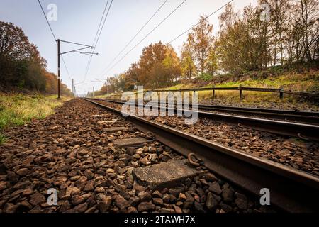 Vista angolare bassa di una linea ferroviaria in corrispondenza di un passaggio pedonale senza equipaggio. Un'area rurale del nord di Londra, Regno Unito Foto Stock
