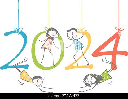 I personaggi dei numeri festeggiano il nuovo anno 2024 Illustrazione Vettoriale