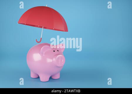 Salvadanaio con ombrello e spazio per fotocopie. illustrazione 3d. Foto Stock