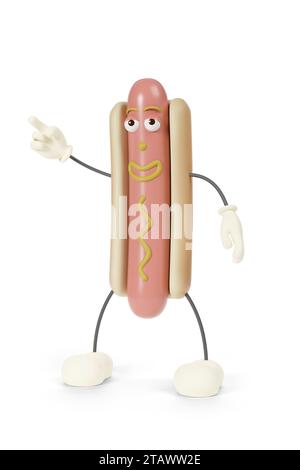 Divertente personaggio hot dog dei cartoni animati isolato su sfondo bianco. illustrazione 3d. Foto Stock