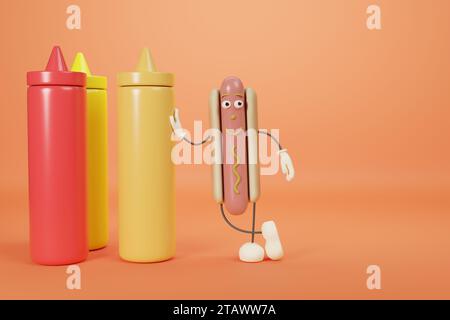 Divertente personaggio hot dog dei cartoni animati appoggiato su un contenitore di senape con spazio per la copia. illustrazione 3d. Foto Stock