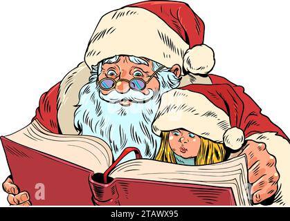 Passare il Natale con i propri cari. Babbo Natale sta leggendo un libro a una bambina. Vendite stagionali per librerie e mercati. Pop Art retro Vector il Illustrazione Vettoriale