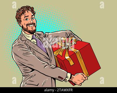 Consegna di regali in tutto il mondo da parte di un'azienda di fiducia. Un uomo con un completo ha un grande dono rosso. Vacanze di Natale e preparazione per loro. AR. Pop Illustrazione Vettoriale