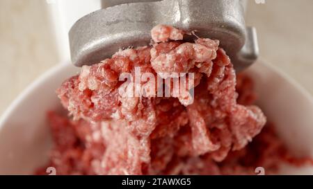 Primo piano sulla preparazione della carne macinata nel macinacaffè elettrico a casa. Cucinare a casa, elettrodomestici da cucina, nutrizione sana, ingredienti per hamburger Foto Stock