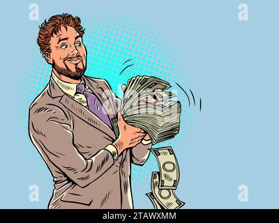 Le persone più ricche del mondo. Un uomo con una tuta conta molti soldi. Gli investimenti nelle imprese in seguito ripagano con gli interessi. Pop Art retro Illustrazione Vettoriale