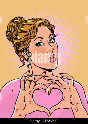 Dare l'amore è molto importante. La ragazza mostra il suo cuore con le mani. L'azienda sostiene e rispetta i propri clienti. Pop Art retro Vector illustra Illustrazione Vettoriale