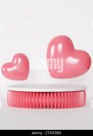 Podio rosa e bianco con cuori. San Valentino, Festa della mamma, matrimonio. Podio per prodotti, presentazione cosmetica. Fai un trucco. Piedistallo o piattaforma Foto Stock