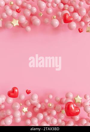 Giocosa e vivace, questa immagine presenta un gruppo di perle rosa lucide e cuori rossi, con stelle dorate su uno sfondo rosa caramellato, ideale per Foto Stock