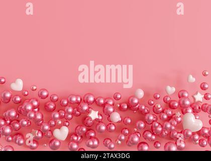 Sfondo rosa con cuori, bolle e spazio di copia. San Valentino, donna, festa della mamma, sfondo. Spazio vuoto per testo pubblicitario, invito Foto Stock