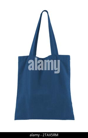 Tessuto in cotone, sacco in lino, borsa tote isolata su sfondo bianco. Shopping bag blu riutilizzabile, mockup, modello per design, spazio per copia Foto Stock