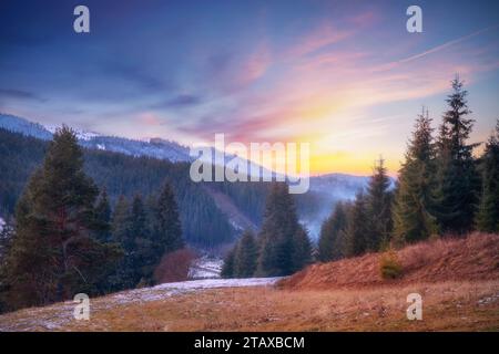 Splendido tramonto in montagna. Paesaggio colorato con montagne innevate, foresta e cielo spettacolare. Foto Stock