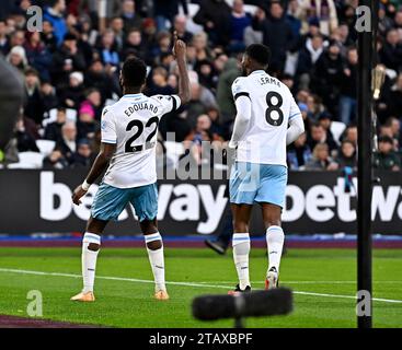 Londra, Regno Unito. 3 dicembre 2023. OBIETTIVO. Odsonne Édouard (Crystal Palace, 22) celebra il primo gol del Crystal Palace durante la partita di Premier League tra West Ham e Crystal Palace allo Stadio di Londra, Stratford. Crediti: MARTIN DALTON/Alamy Live News Foto Stock