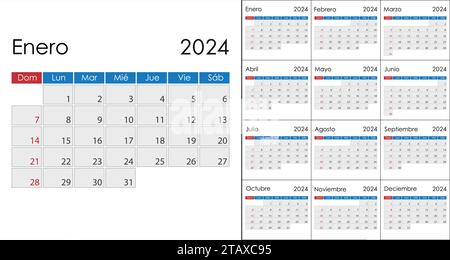 Calendario 2024 in lingua spagnola, inizio settimana domenica. Modello vettoriale Illustrazione Vettoriale