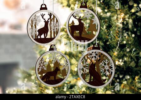 ORNAMENTI PER ANIMALI NATALIZI le lime di layout multistrato digitali sono appositamente preparate per il taglio laser, la fresatrice CNC e altre macchine da taglio. Illustrazione Vettoriale