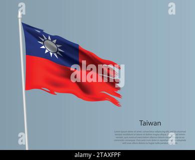 Bandiera nazionale di Taiwan. Tessuto ondulato strappato su sfondo blu. Illustrazione vettoriale realistica Illustrazione Vettoriale